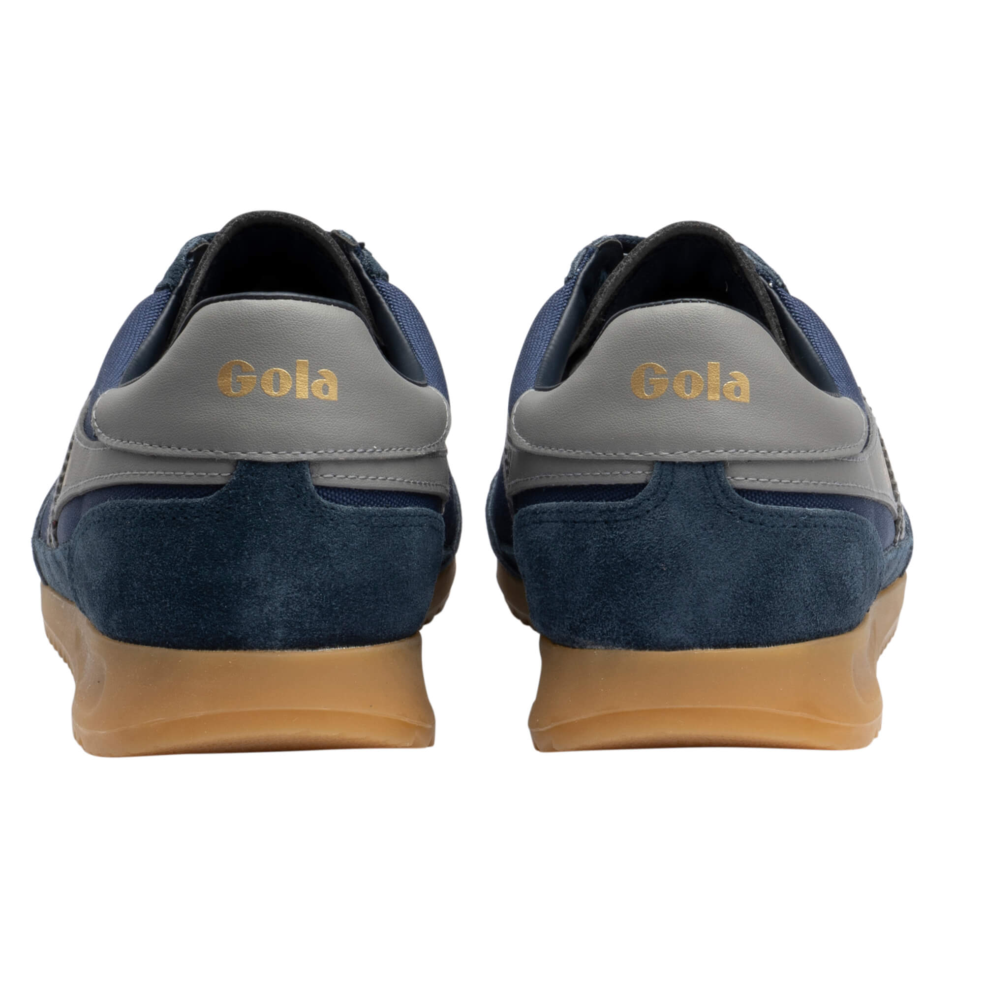 Pair of Gola trainers, navy blue with grey trim and gum soles, seen from the rear