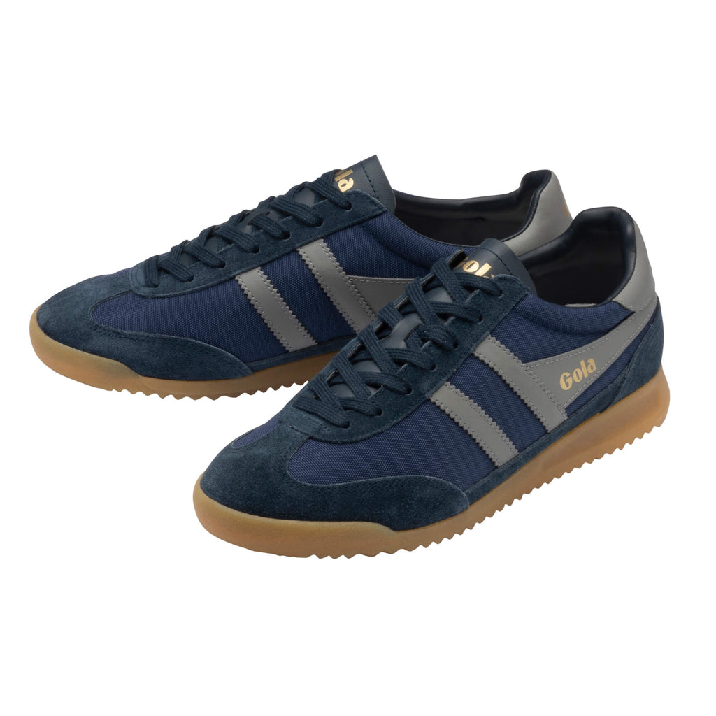 Pair of Gola Harrier trainers in navy blue with grey stripes and gum soles