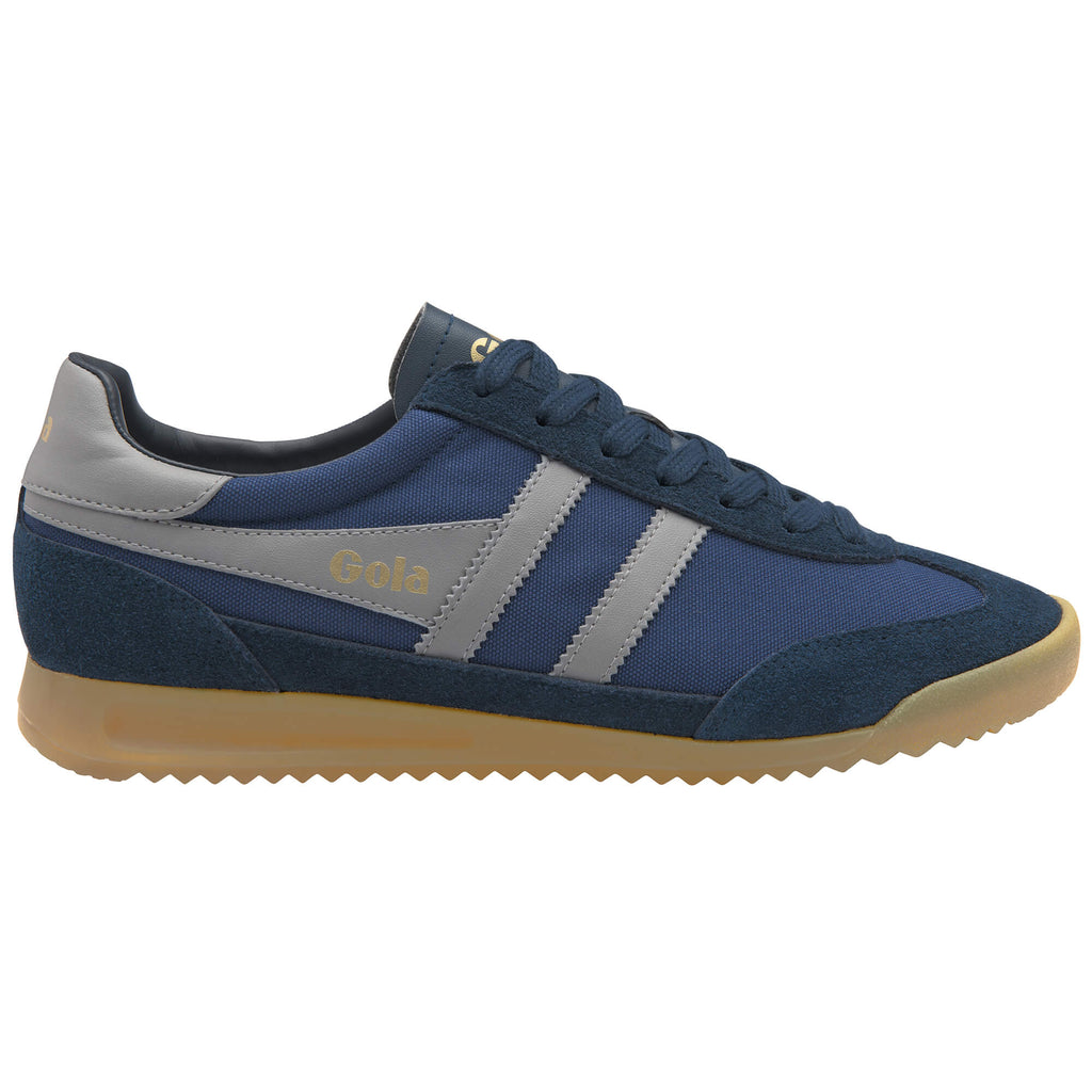 Gola Harrier trainer in navy and grey with a gum sole