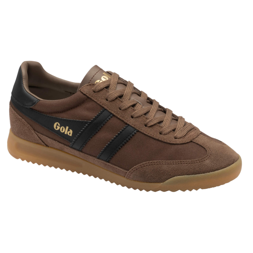 Brown Gola trainer with black stripes and gold Gola logo