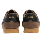Pair of Gola trainers, brown suede and textile with black heel tab and gold Gola logo, rear view