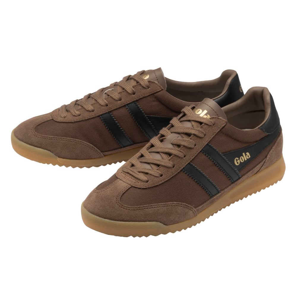 Pair of Gola Harrier trainers in brown with black stripes and gum sole
