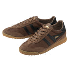 Pair of Gola Harrier trainers in brown with black stripes and gum sole
