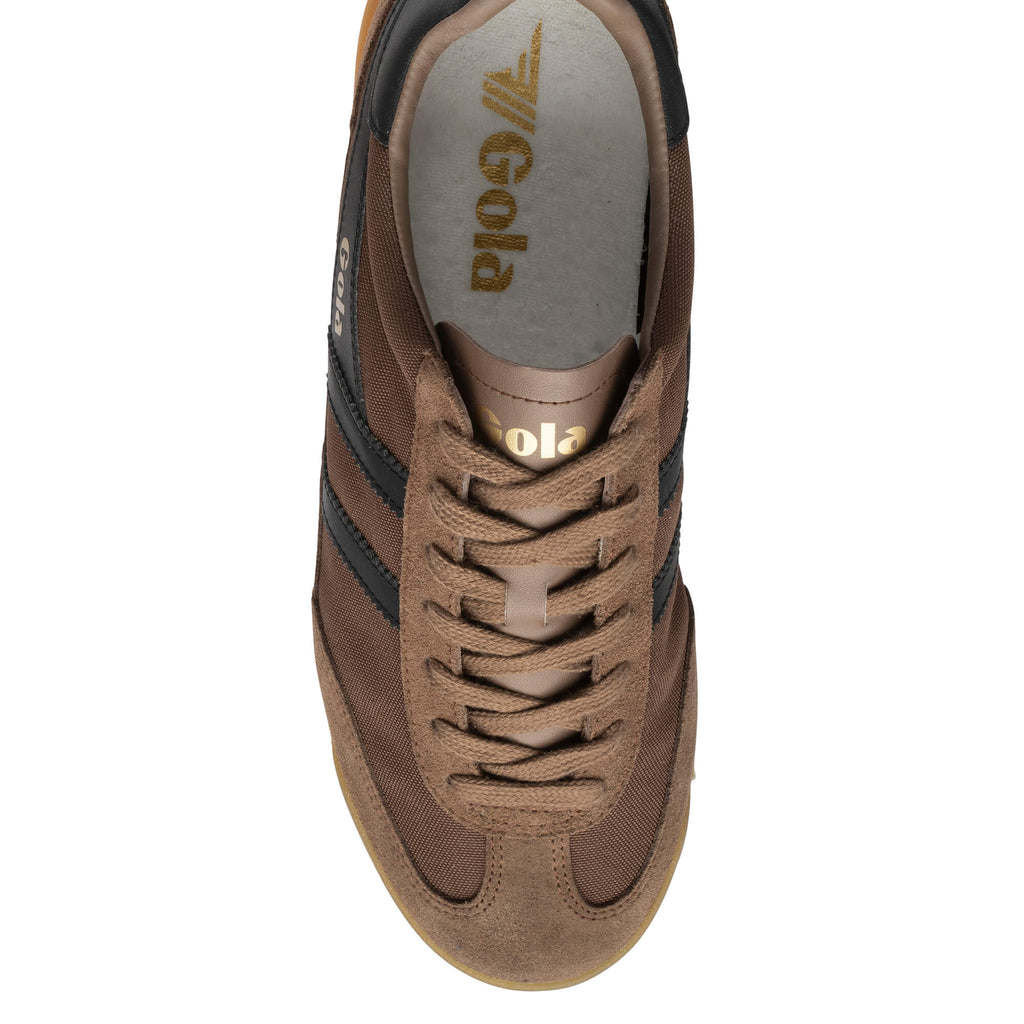 Brown Gola trainer with black stripes and laces