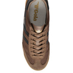Brown Gola trainer with black stripes and laces