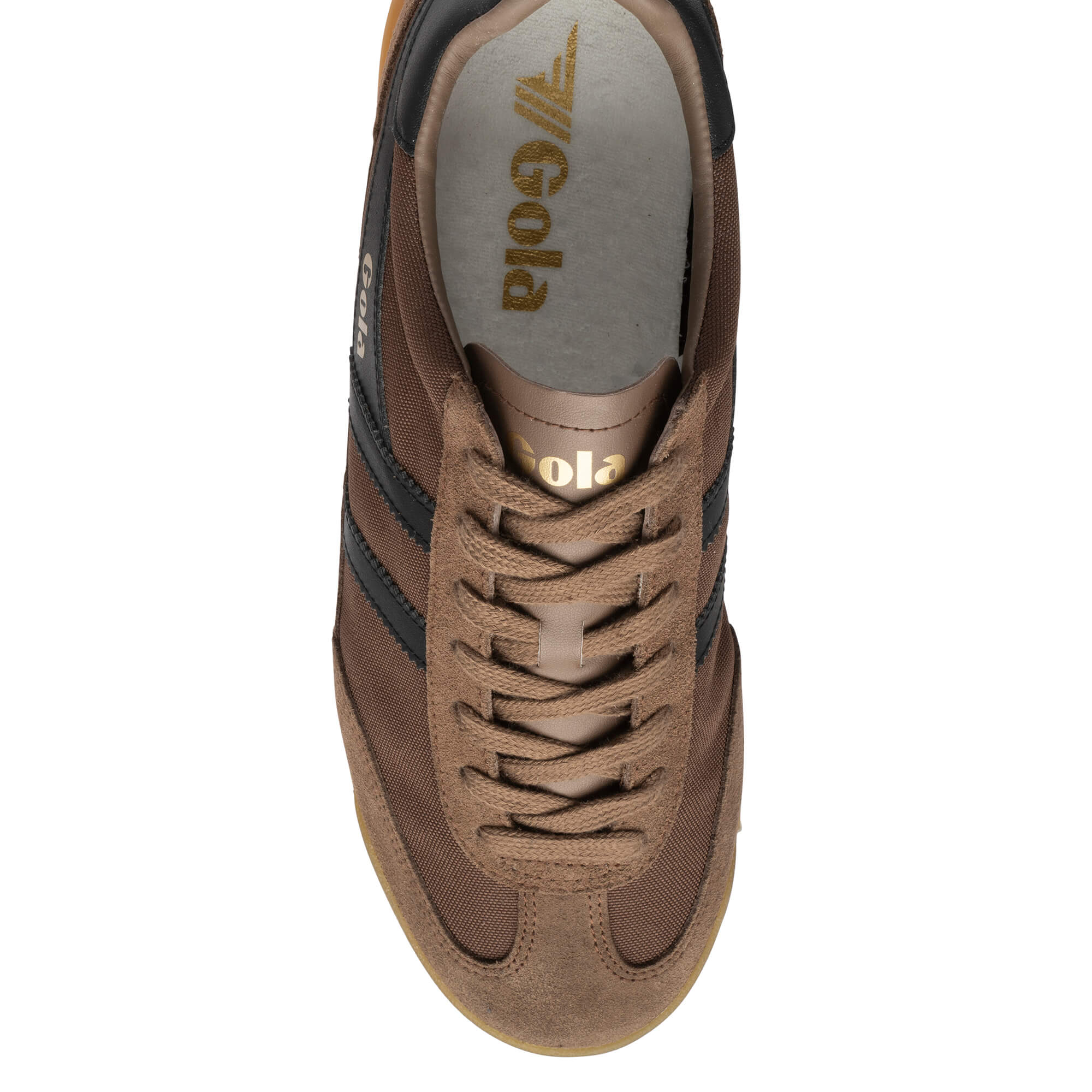 Brown Gola trainer with black stripes and laces
