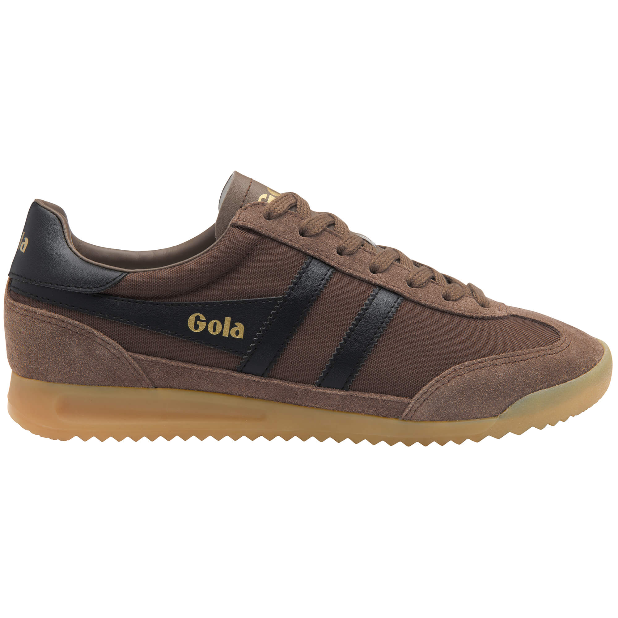 Brown Gola trainer with black stripes and a gum sole