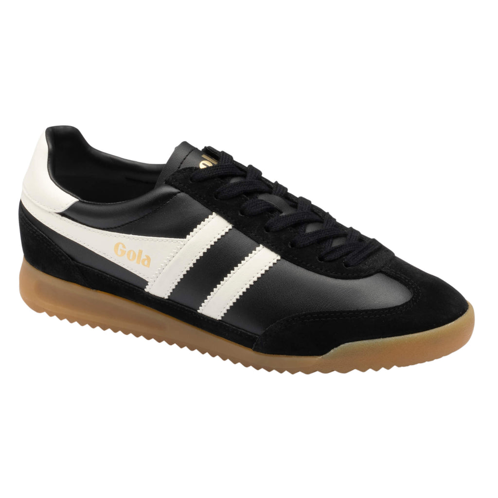Gola Harrier trainer in black with white stripes and a gum sole