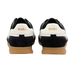 Rear view of a pair of Gola sneakers in black and white with a gum sole