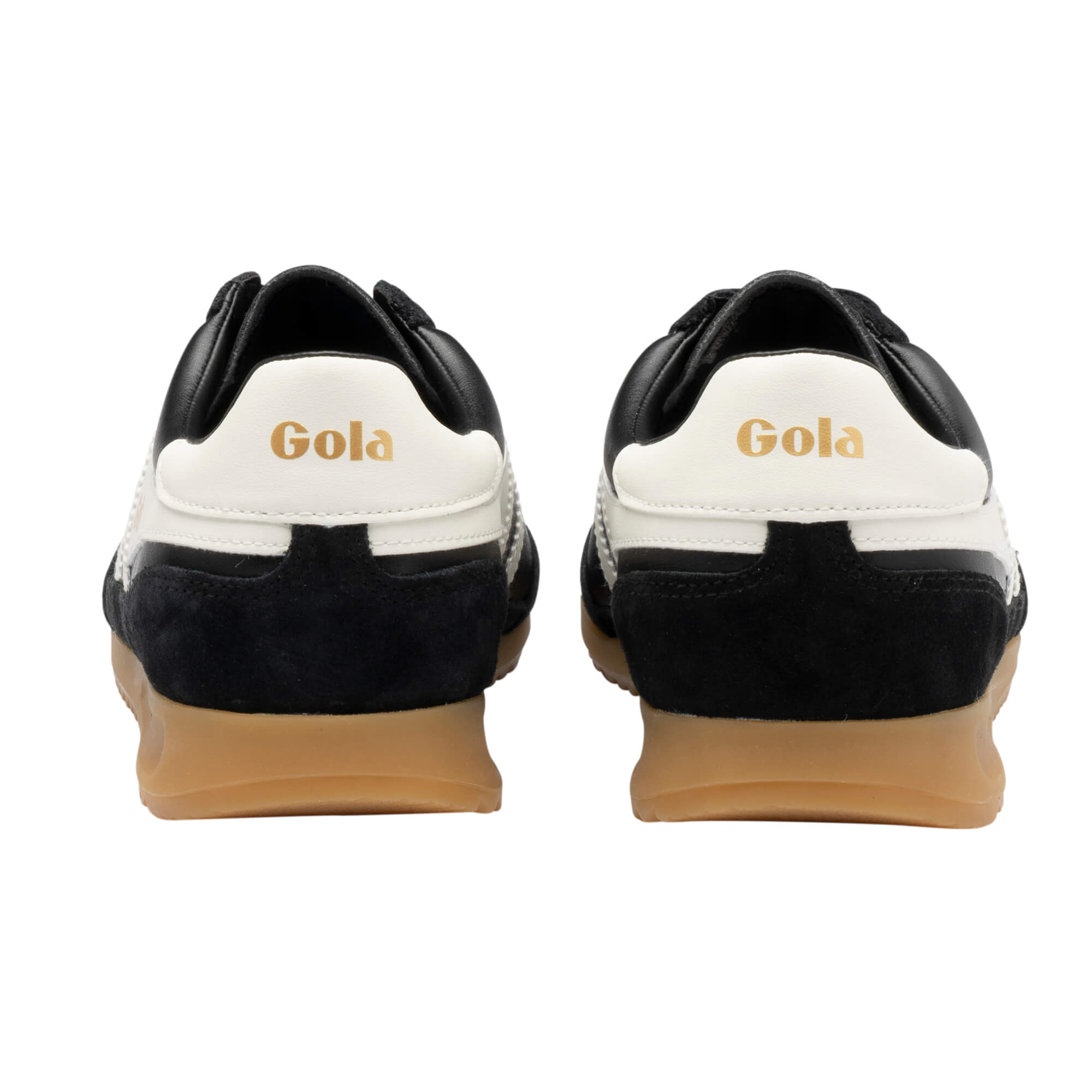 Rear view of a pair of Gola sneakers in black and white with a gum sole