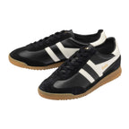 Pair of Gola Harrier trainers in black with white stripes and gum sole