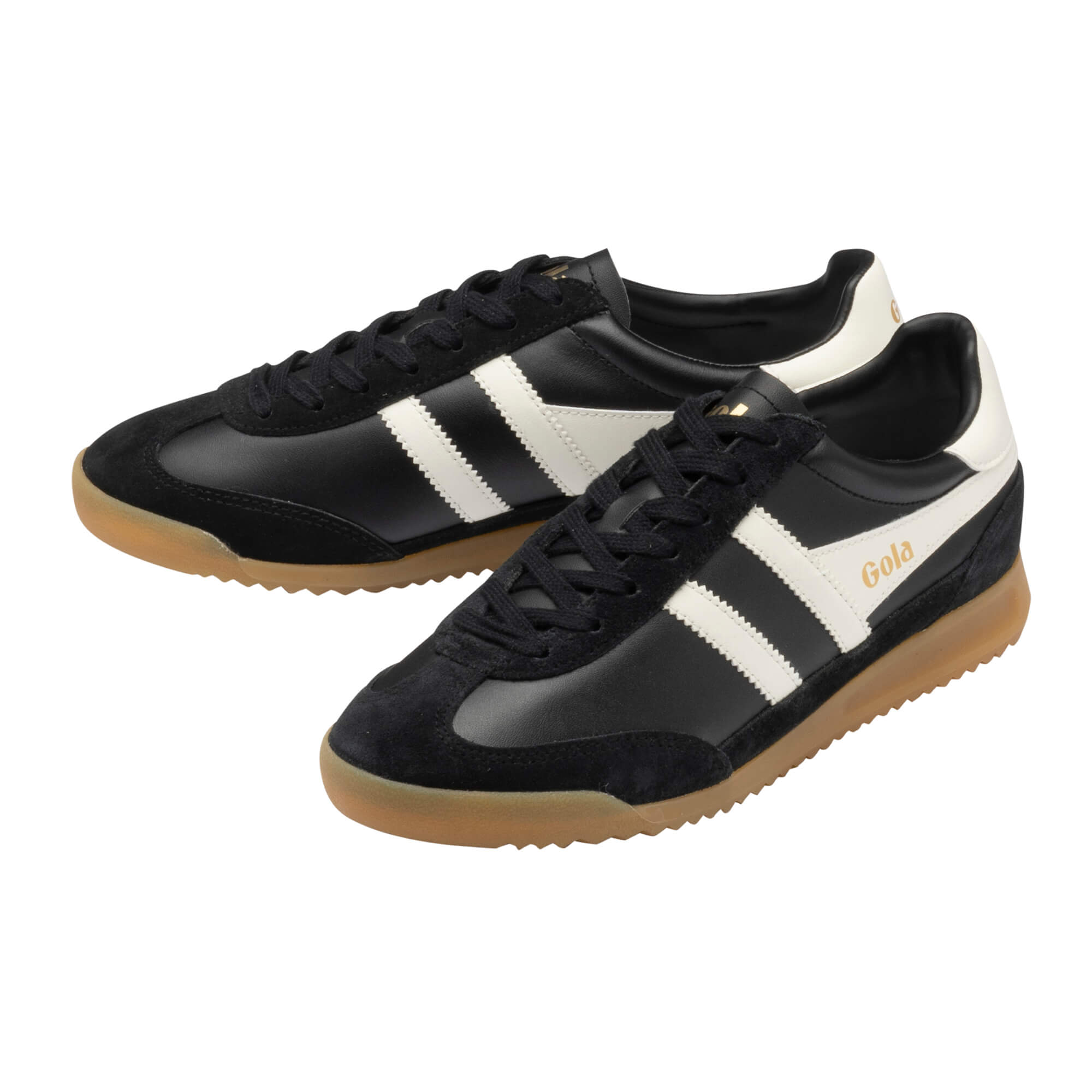 Pair of Gola Harrier trainers in black with white stripes and gum sole