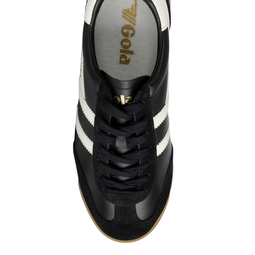 Gola Harrier trainers in black with white stripes and a gum sole