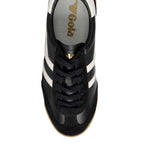 Gola Harrier trainers in black with white stripes and a gum sole