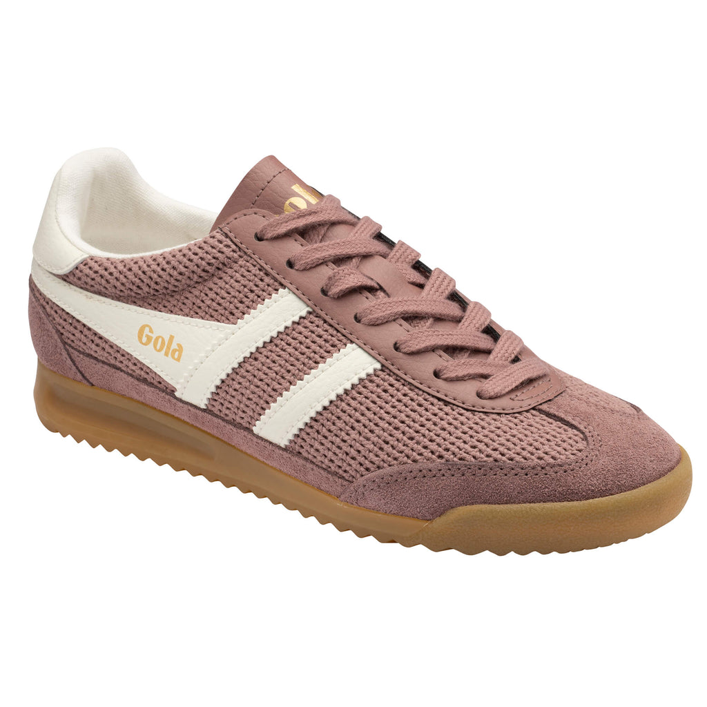 Gola women's trainer in dusky pink with white stripes and a brown sole