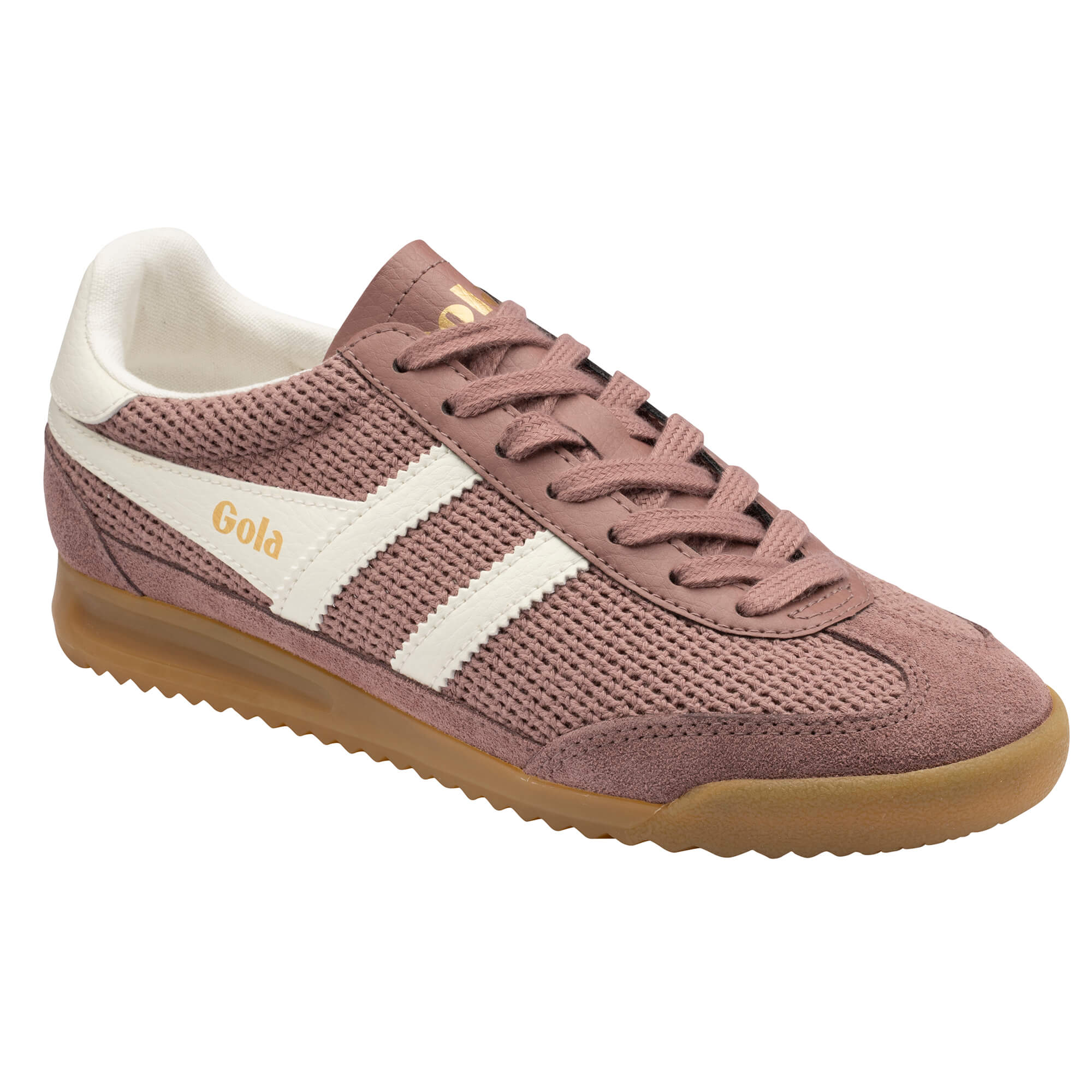 Gola women's trainer in dusky pink with white stripes and a brown sole