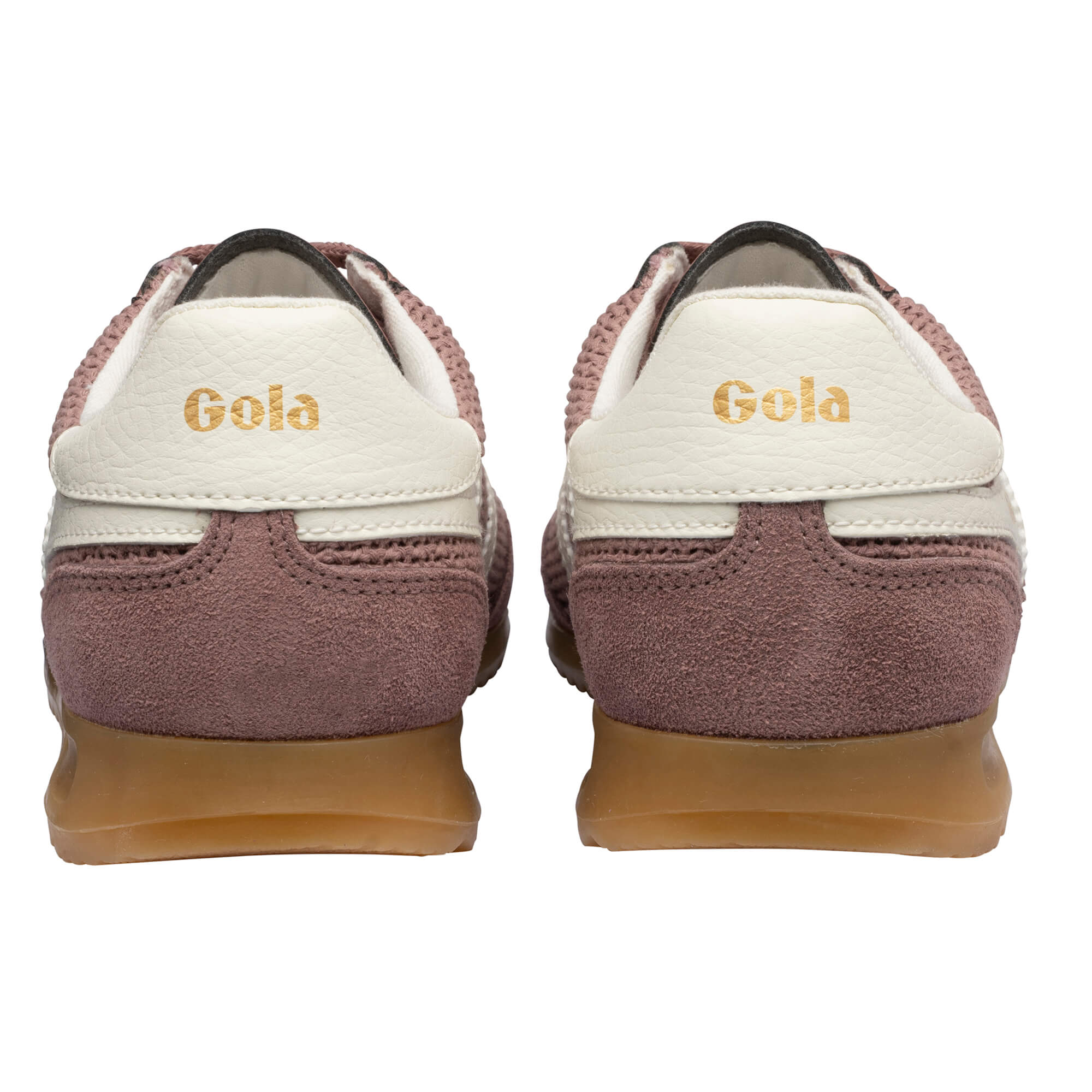 Pair of Gola trainers, rear view, in pink and white with a gum sole