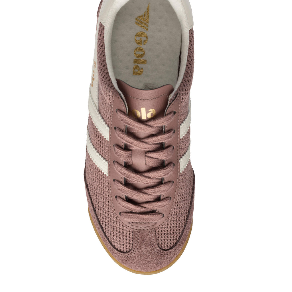 Top-down view of a Gola trainer in dusky pink with white stripes and a gum sole
