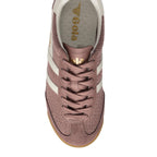 Top-down view of a Gola trainer in dusky pink with white stripes and a gum sole