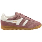Gola women's trainer in dusky pink with white stripes and a gum sole