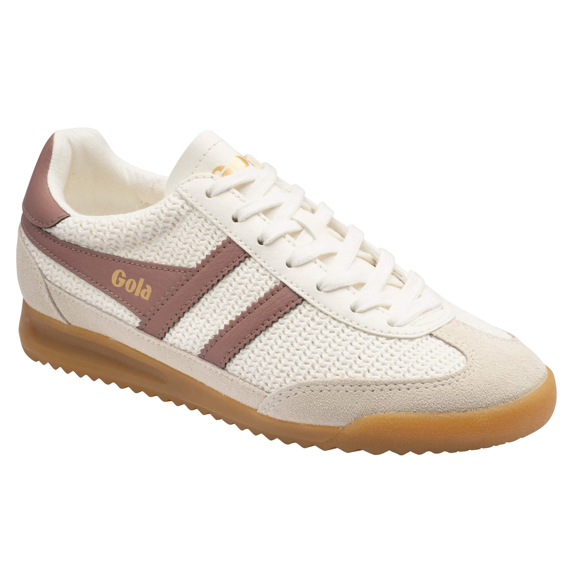 Gola women's trainer in off-white knit with suede trim and brown side stripes