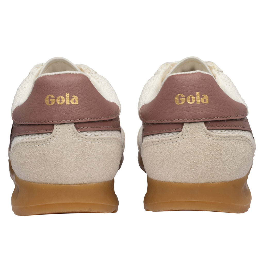 Rear view of two Gola trainers in off-white and brown with gum soles