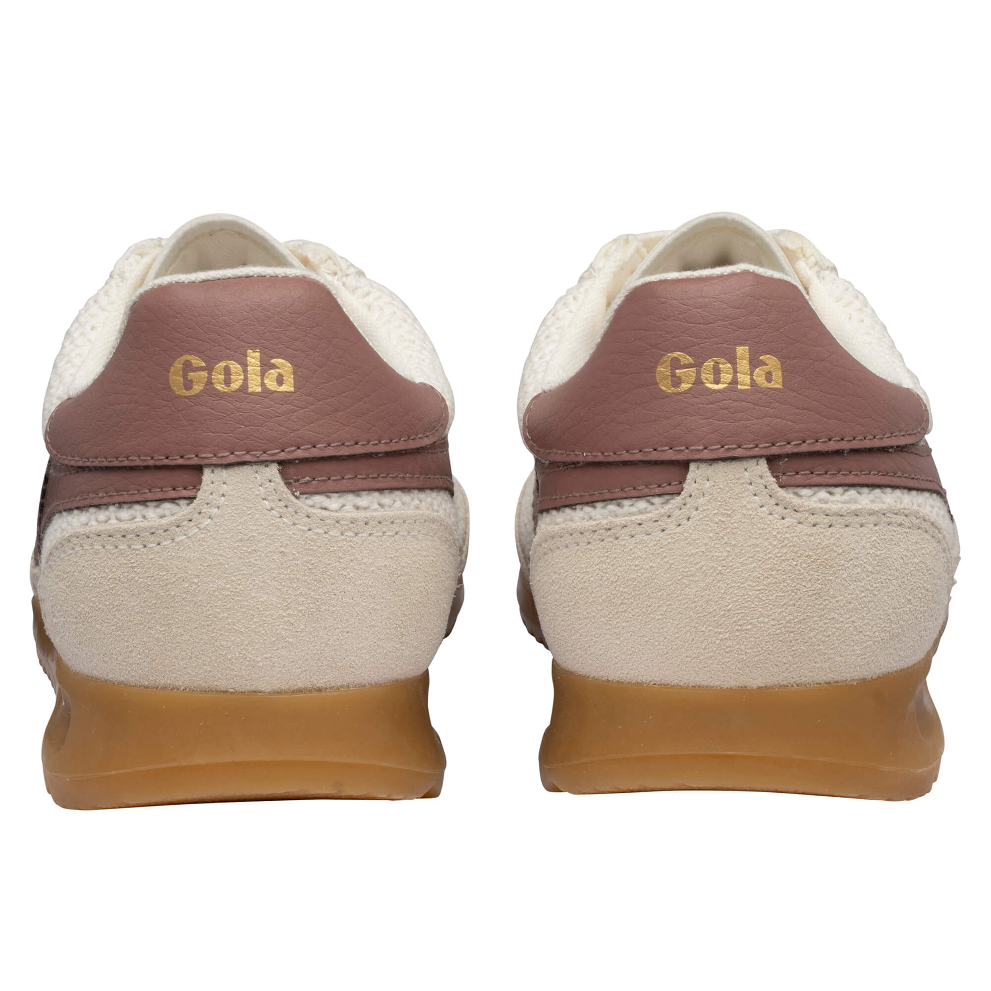 Rear view of two Gola trainers in off-white and brown with gum soles
