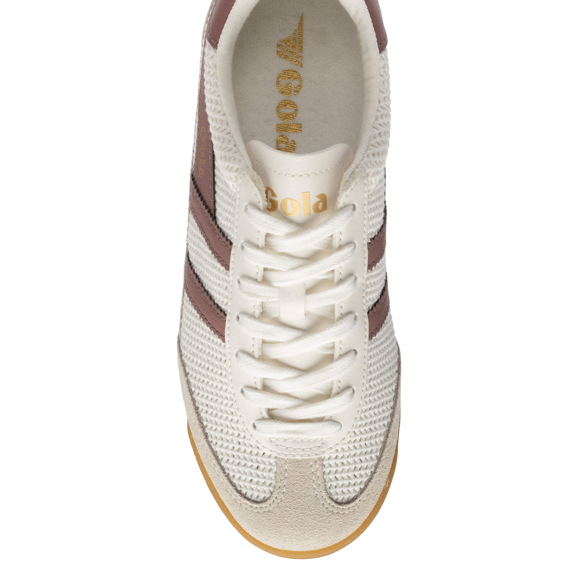 Top-down view of a white Gola trainer with brown stripes and white laces