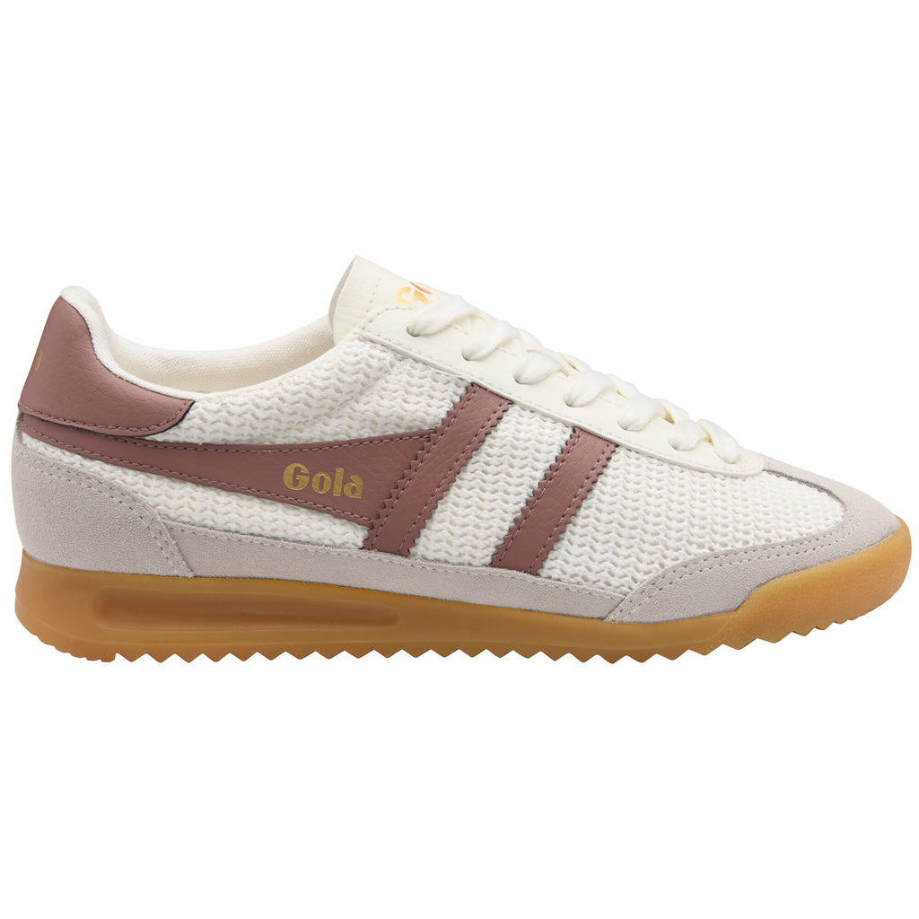 Gola trainer in off-white knit with mauve suede trim and gum sole