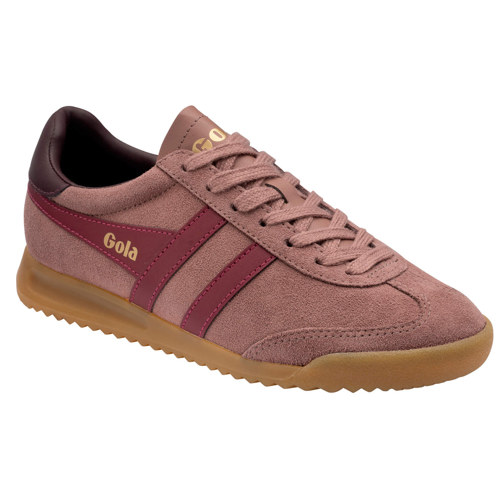 Gola women's trainer in dusky pink suede with burgundy stripes and gum sole
