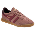 Gola women's trainer in dusky pink suede with burgundy stripes and gum sole