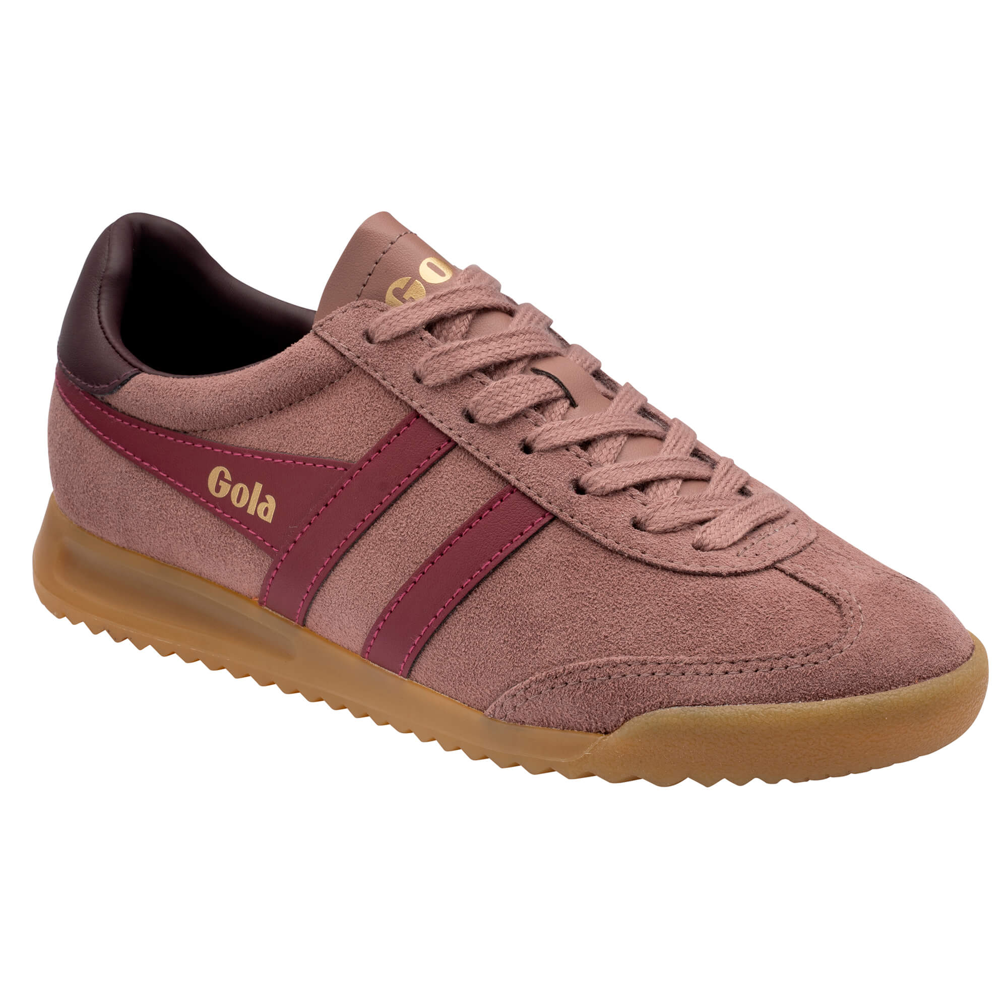 Gola women's trainer in dusky pink suede with burgundy stripes and gum sole