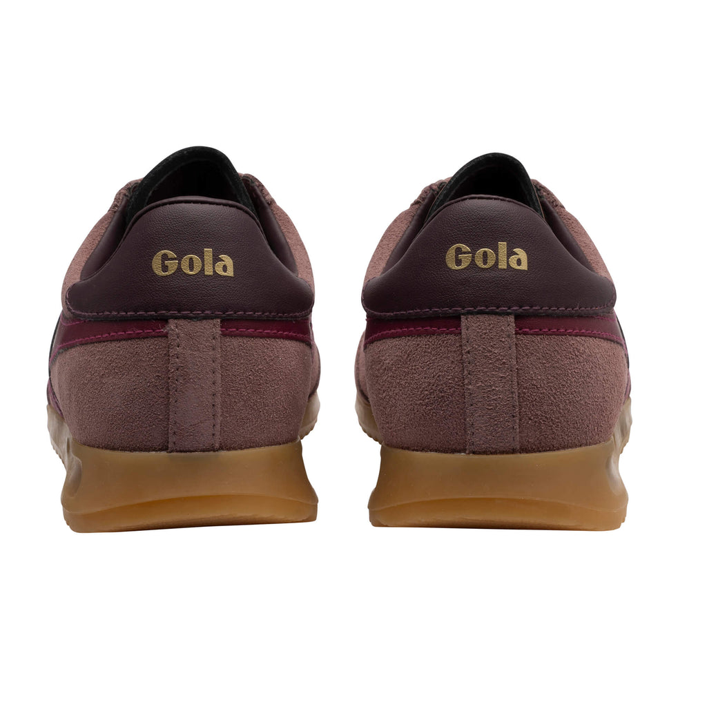 Rear view of two Gola trainers in plum with a gum sole