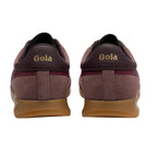 Rear view of two Gola trainers in plum with a gum sole