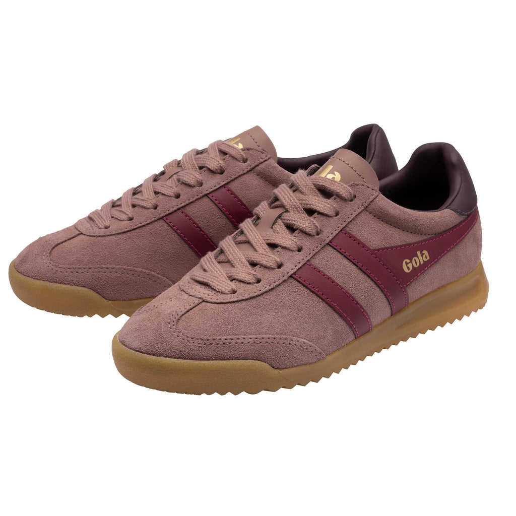 Pair of Gola Harrier trainers in pink suede with burgundy stripes and gum sole