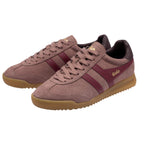 Pair of Gola Harrier trainers in pink suede with burgundy stripes and gum sole