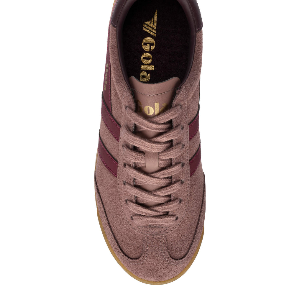 Top-down view of a Gola trainer in dusky pink suede with maroon stripes and laces