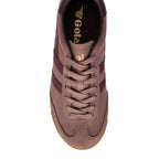 Top-down view of a Gola trainer in dusky pink suede with maroon stripes and laces