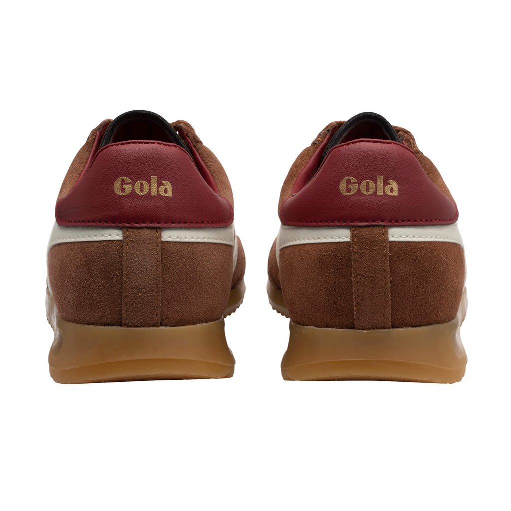 Rear view of two Gola trainers in brown suede with a burgundy heel tab and gum sole