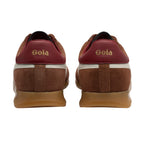 Rear view of two Gola trainers in brown suede with a burgundy heel tab and gum sole