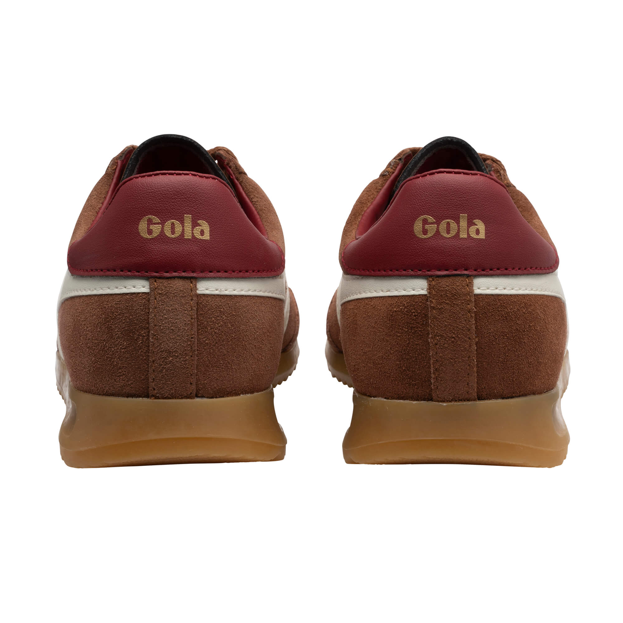 Rear view of two Gola trainers in brown suede with a burgundy heel tab and gum sole