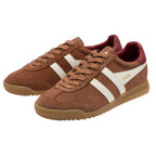 Pair of Gola Harrier trainers in brown suede with white stripes and a red heel tab