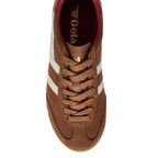 Gola Harrier suede trainers in tan with white stripes and a red trim