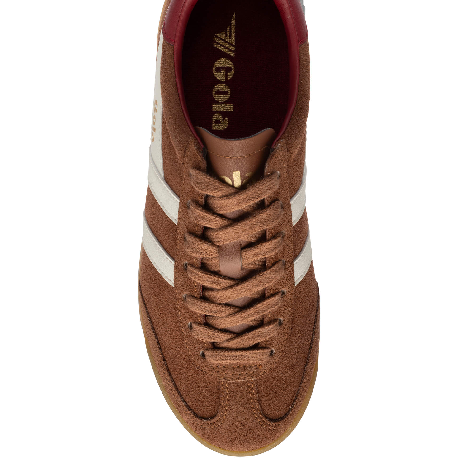 Gola Harrier suede trainers in tan with white stripes and a red trim
