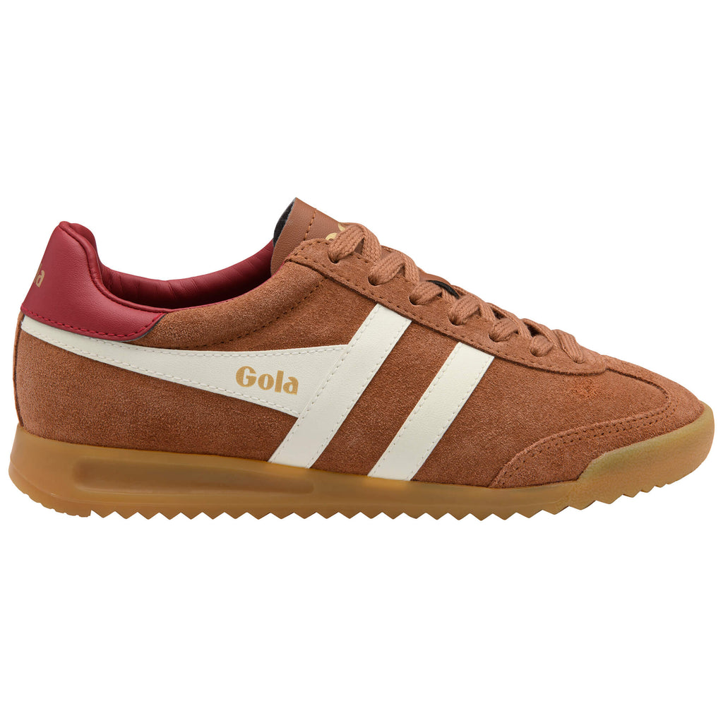 Gola men's Harrier 72 trainers in tan with white stripes and a red heel