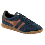 Gola Harrier suede trainers in navy with tan stripes and gum sole
