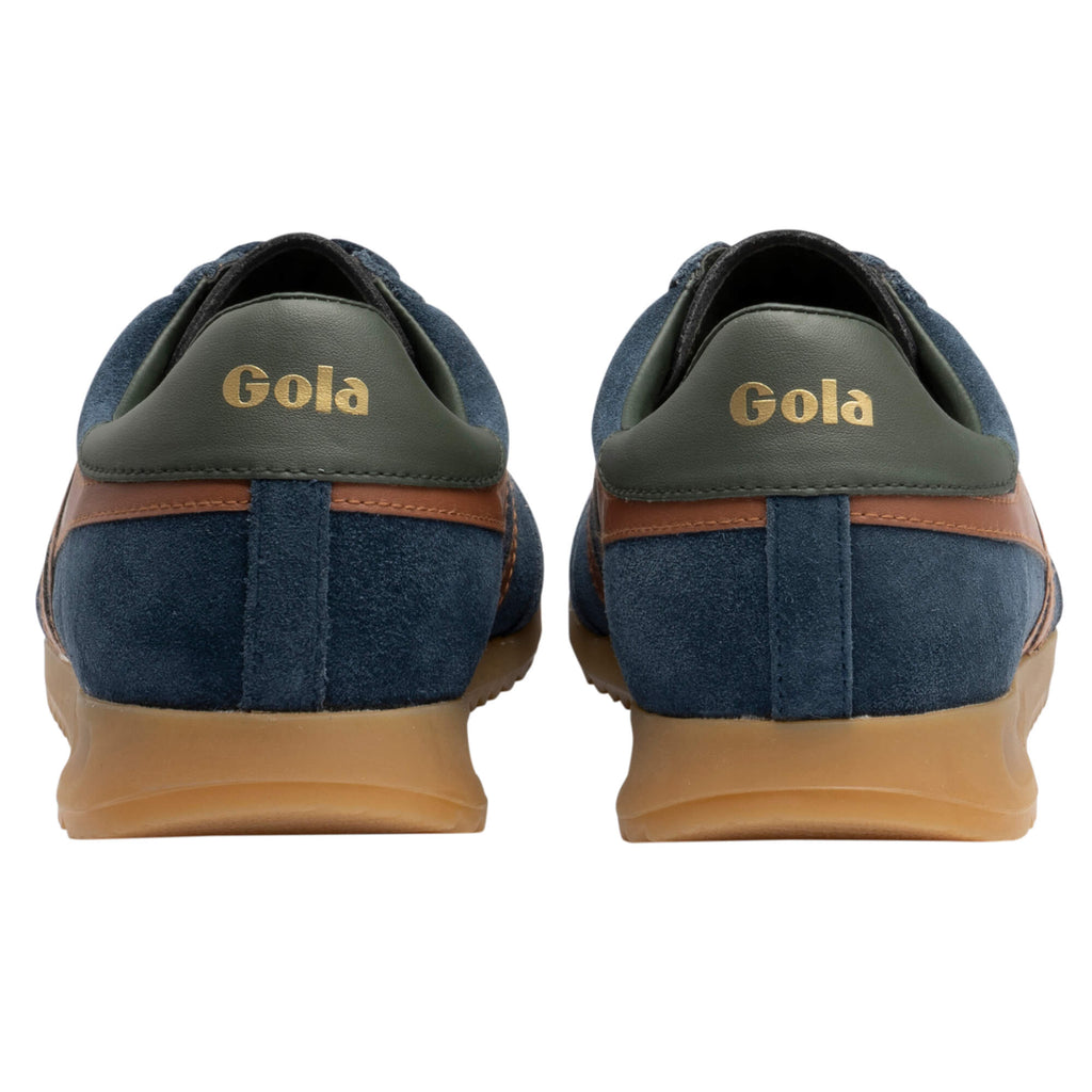 Pair of Gola Harrier trainers, navy suede with brown trim and gum sole, rear view