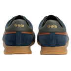Pair of Gola Harrier trainers, navy suede with brown trim and gum sole, rear view