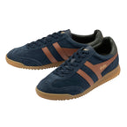 Pair of Gola Harrier trainers in navy suede with tan stripes and gum sole