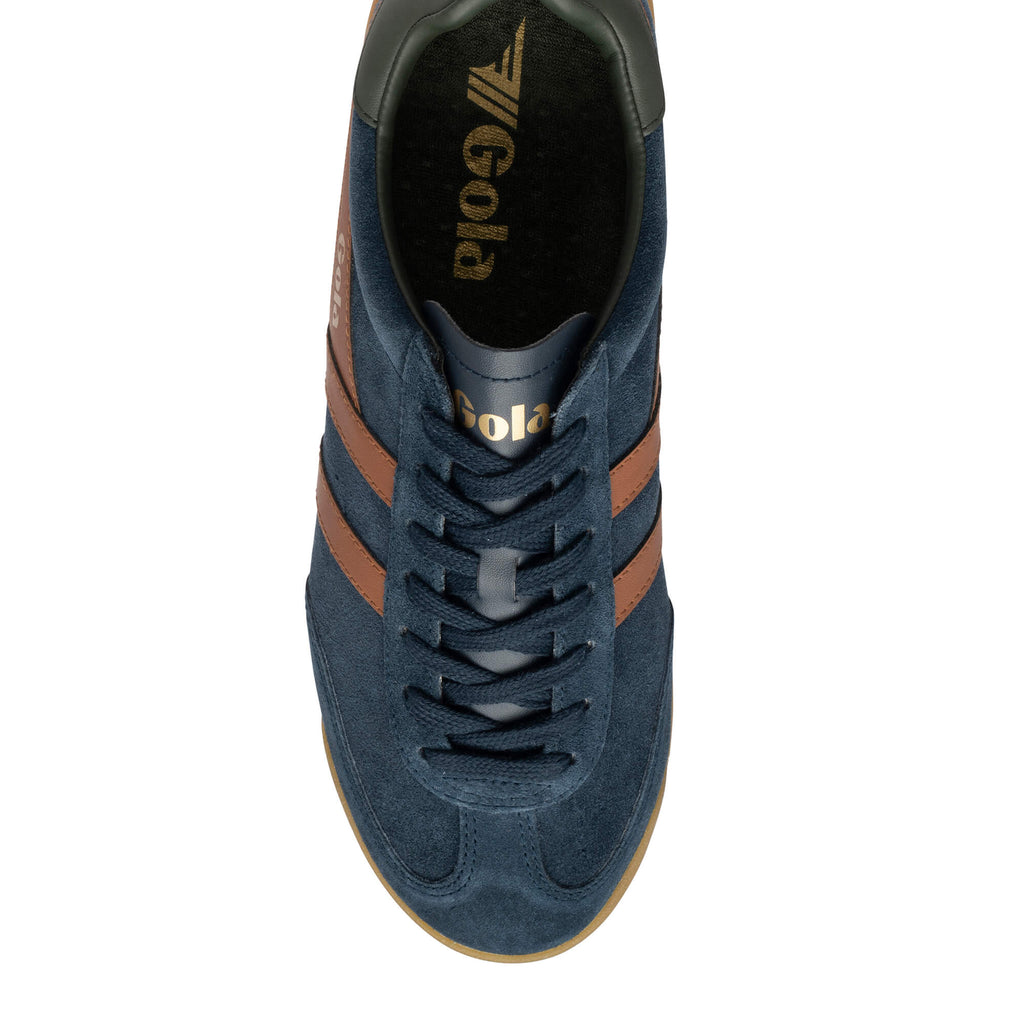 Navy blue suede Gola trainer with brown stripes and laces